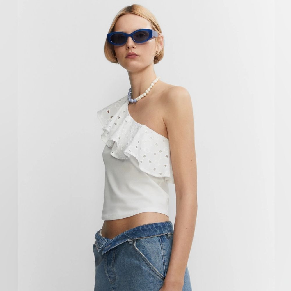 Mango Mng Embroidered Asymmetrical Top With Flounces sz Sm
